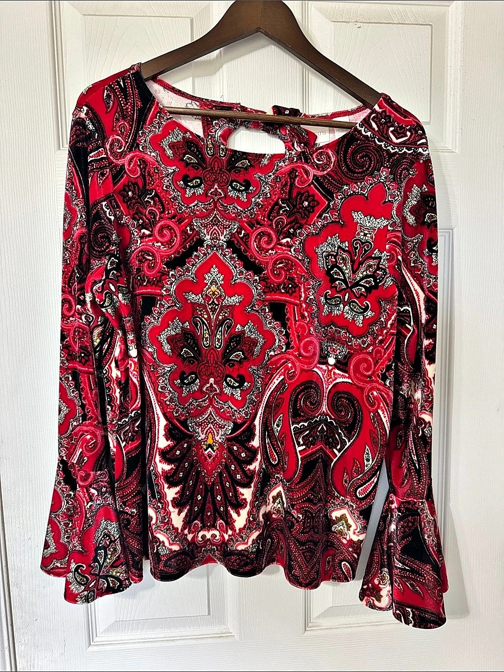 Chico's Paisley Velvet Bell Sleeve Blouse Red & Black